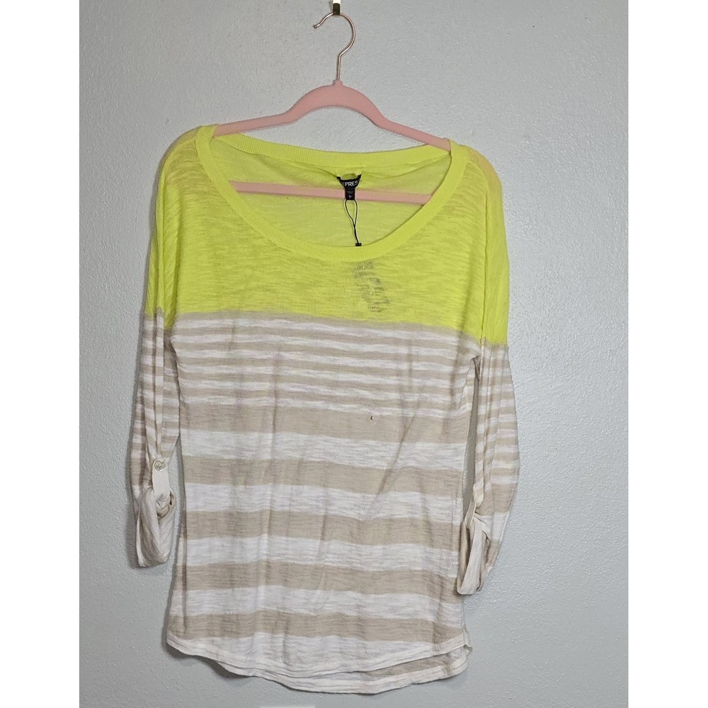 Express Large NWT Neon Yellow Beige Striped Slub Knit Roll Tab 3/4 Sleeve Top